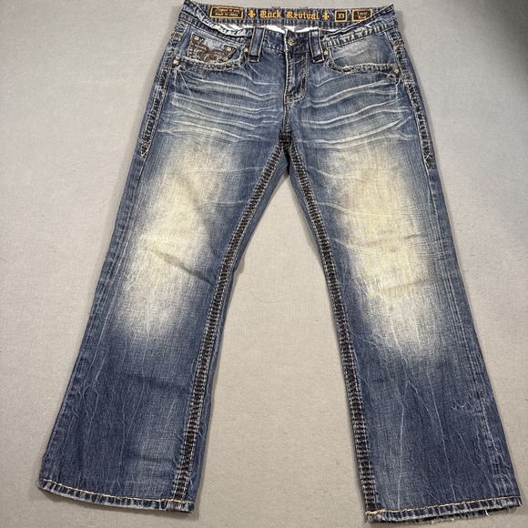 ROCK REVIVAL LUCIO 33 BOOT EMBROIDERED WHISKERING THICK STITCH JEANS - Picture 4 of 10